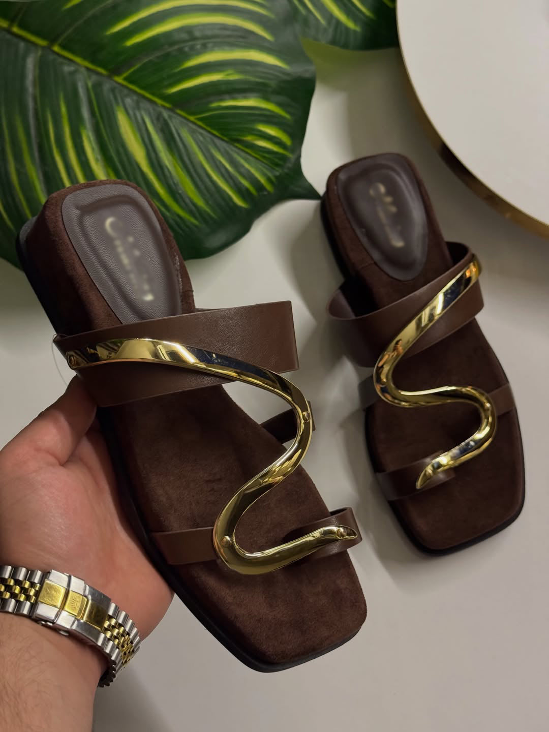 S-Shape Gold Metal Detail Square Toe Slide Sandals