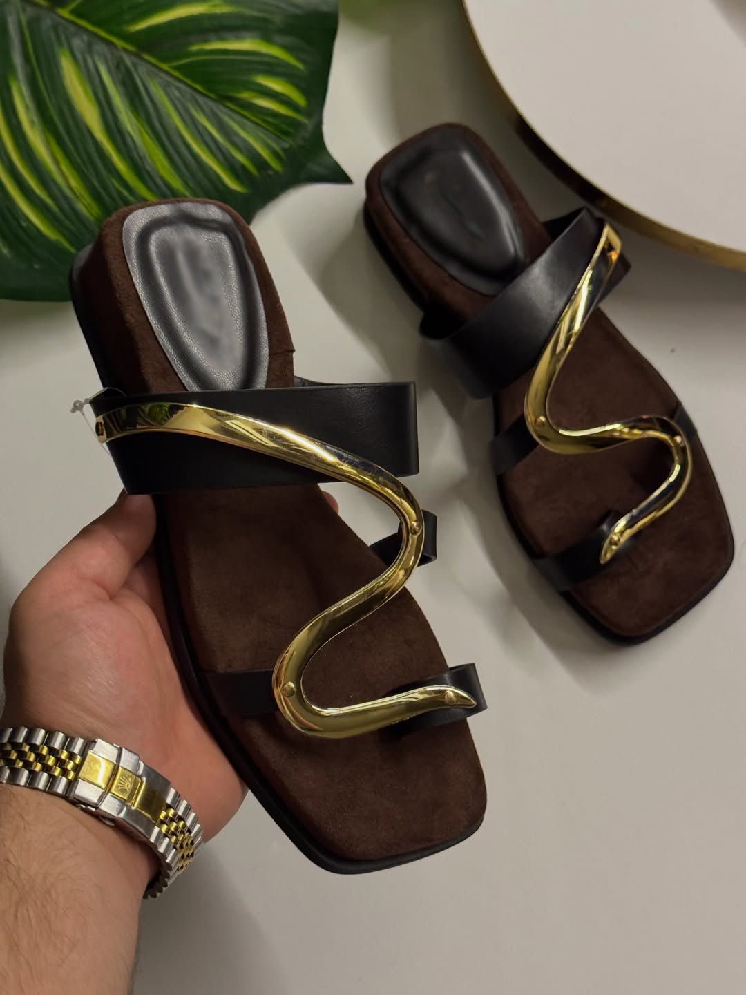 S-Shape Gold Metal Detail Square Toe Slide Sandals