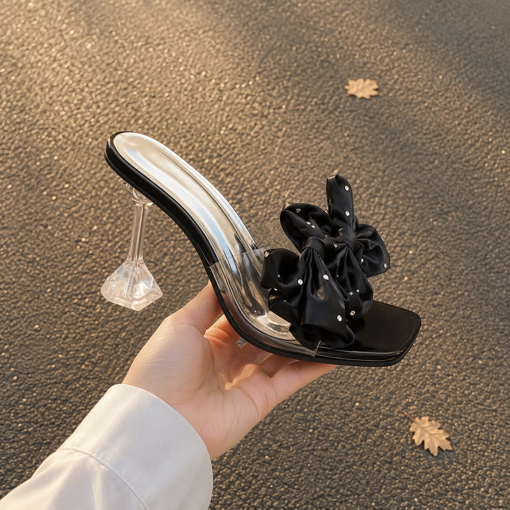 Rhinestone Satin Big Bow Clear Crystal Heel Square Toe Mule Sandals