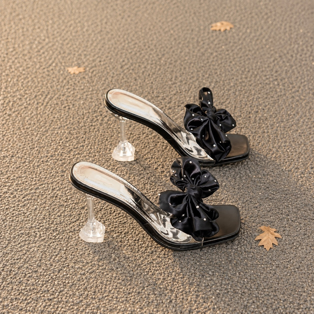 Rhinestone Satin Big Bow Clear Crystal Heel Square Toe Mule Sandals