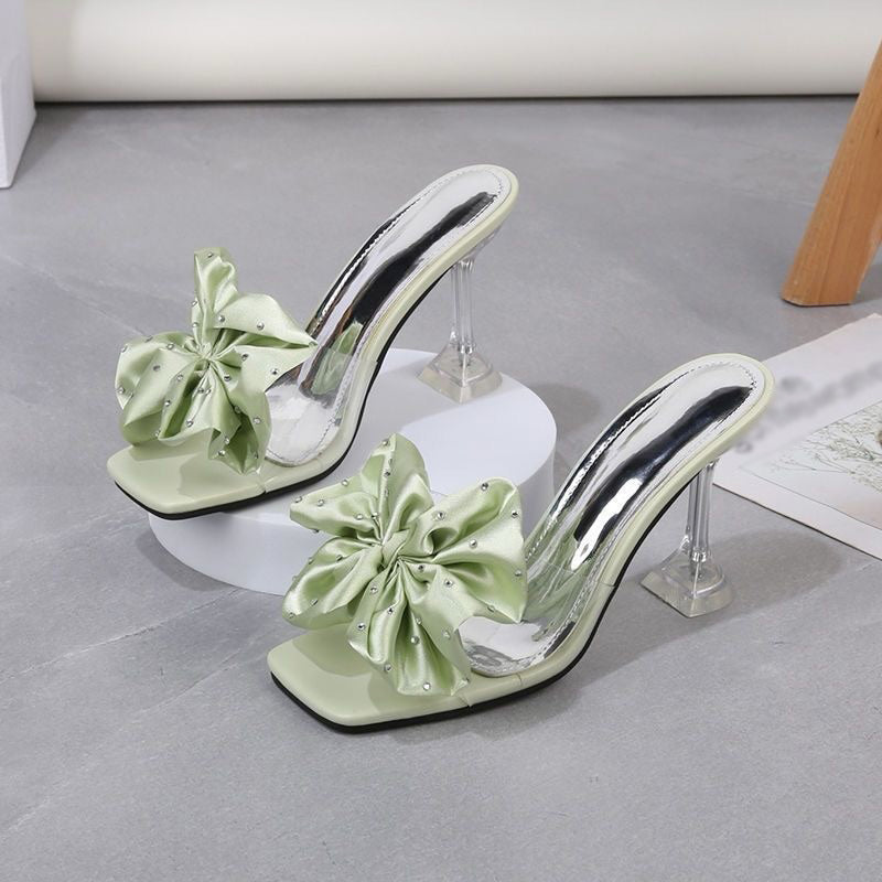 Rhinestone Satin Big Bow Clear Crystal Heel Square Toe Mule Sandals