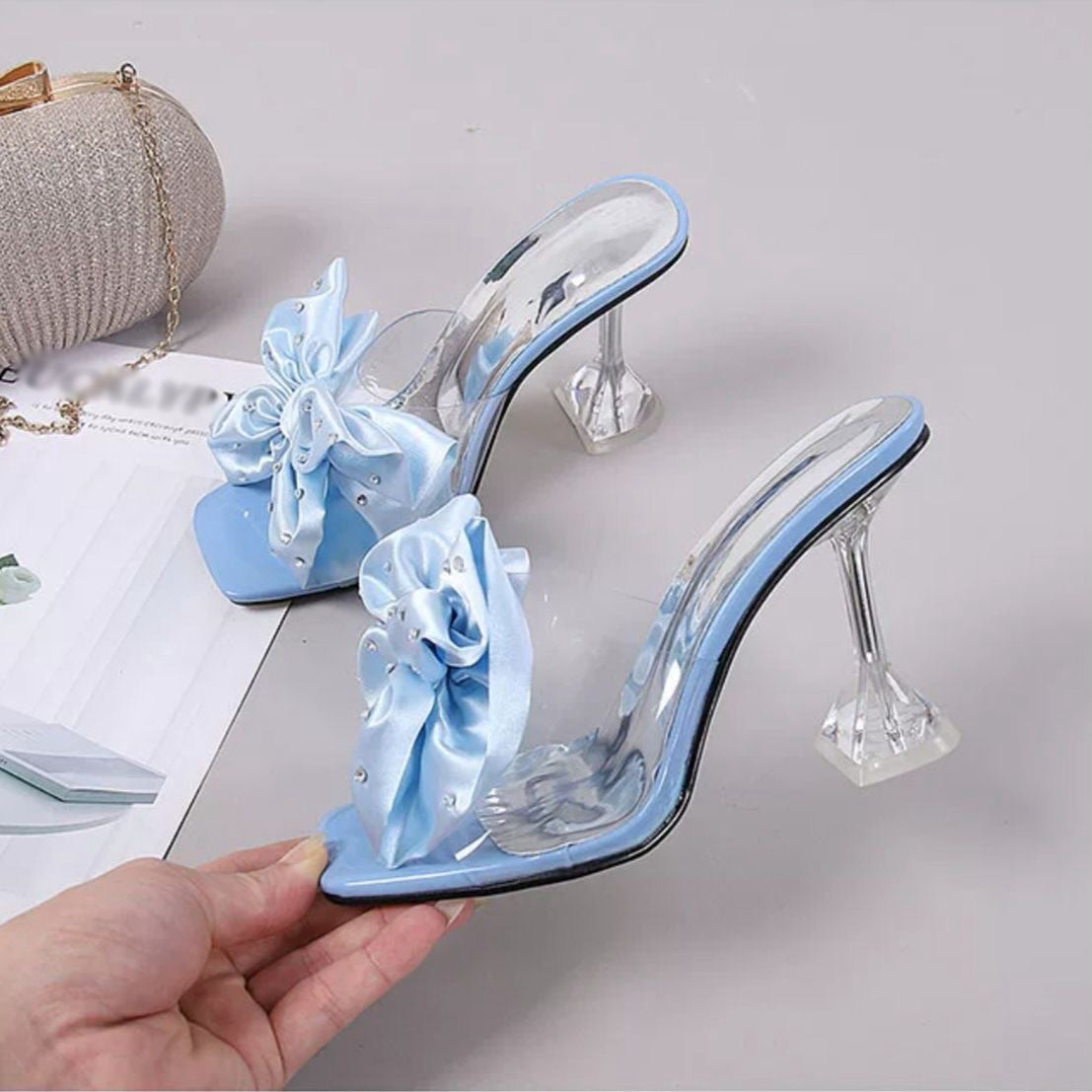 Rhinestone Satin Big Bow Clear Crystal Heel Square Toe Mule Sandals