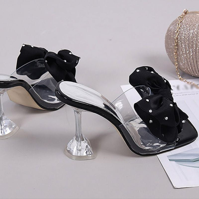 Rhinestone Satin Big Bow Clear Crystal Heel Square Toe Mule Sandals