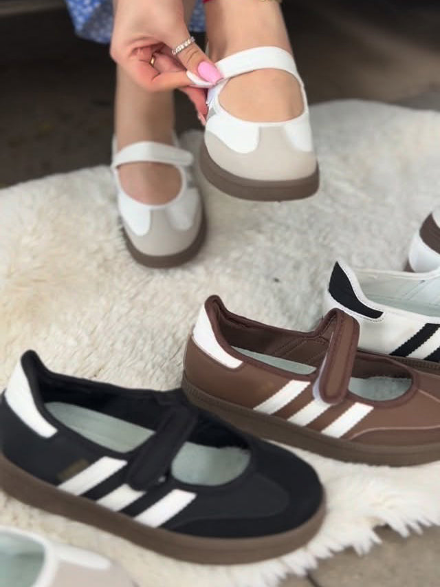 Vintage 3-Stripe Mary Jane Velcro Strap Flat Sneakers