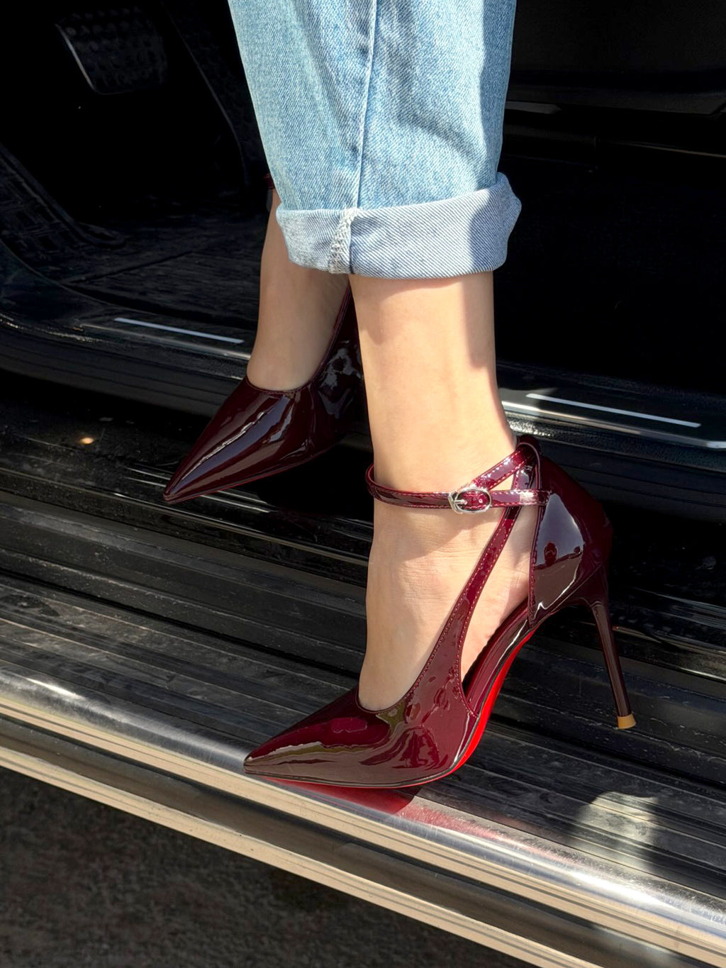 Patent Leather Cutout Pointed Ankle Strap Stiletto Heels