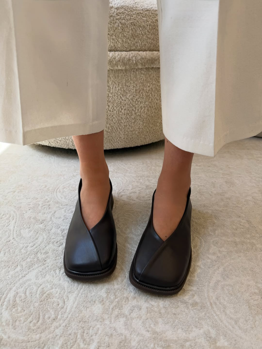V-Cut Square Toe Slingback Low-Heel Mule Sandals