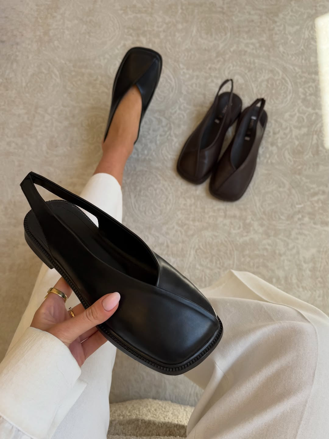 V-Cut Square Toe Slingback Low-Heel Mule Sandals