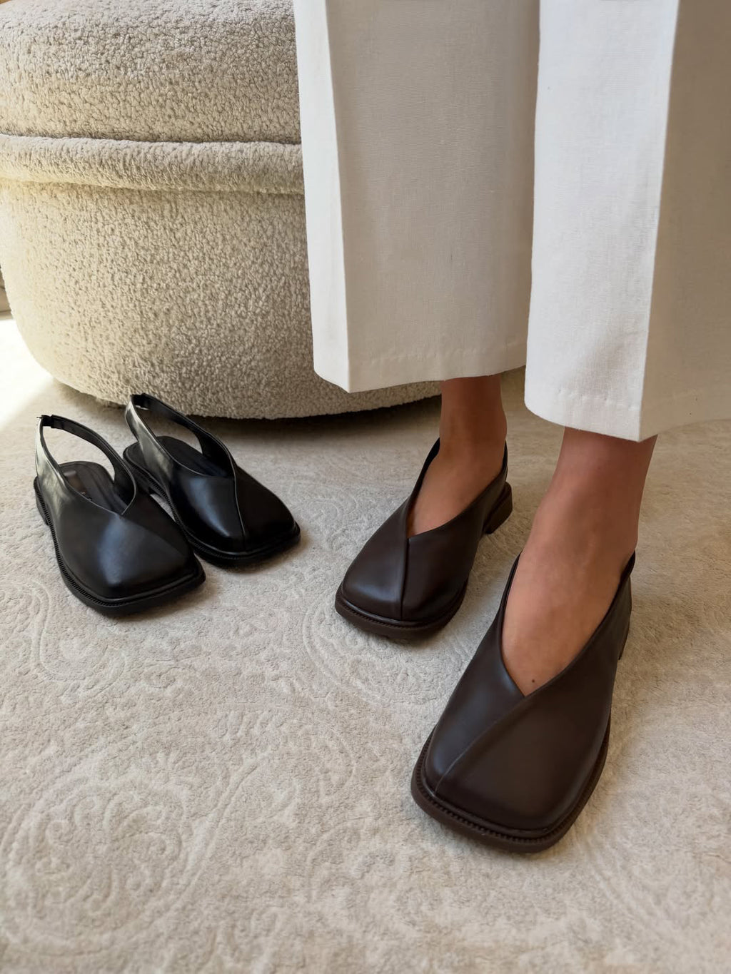 V-Cut Square Toe Slingback Low-Heel Mule Sandals