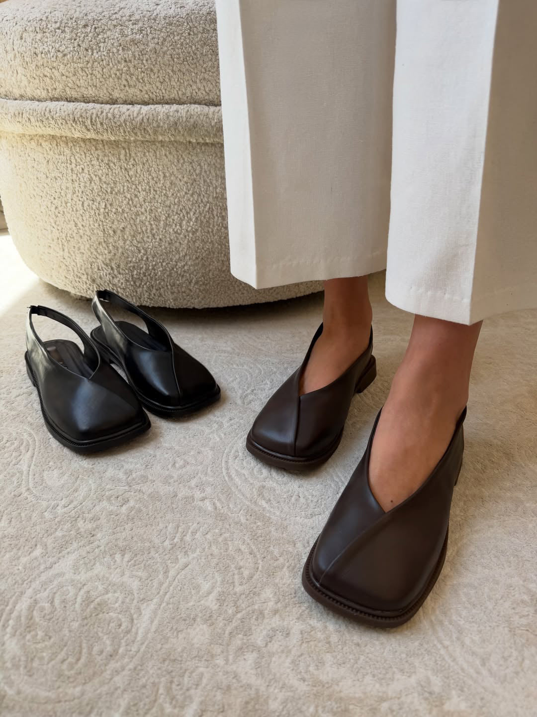 V-Cut Square Toe Slingback Low-Heel Mule Sandals