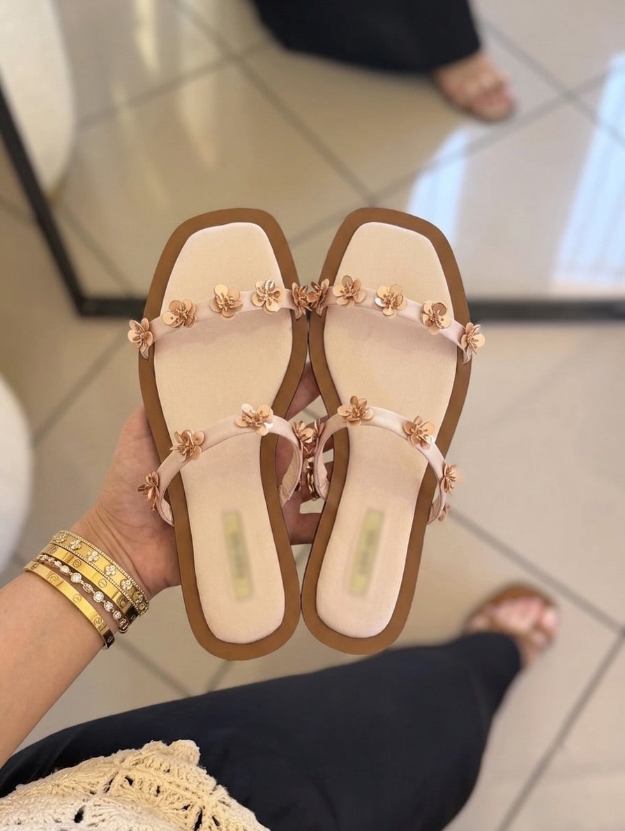 3D Sequin Floral Dual Strap Square Toe Flat Slide Sandals