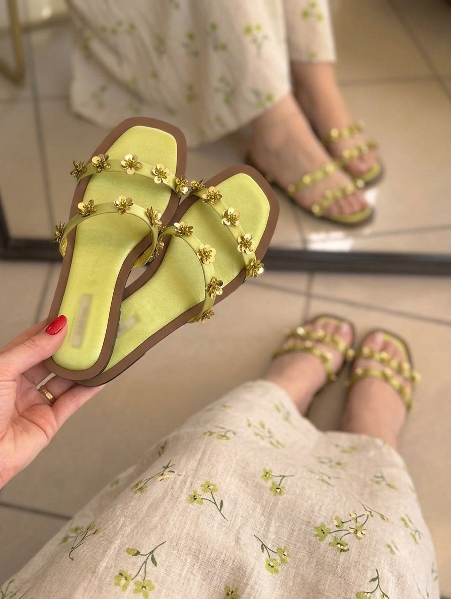 3D Sequin Floral Dual Strap Square Toe Flat Slide Sandals