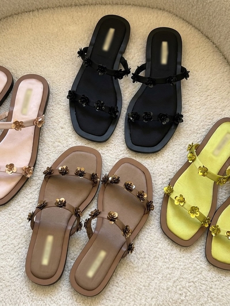 3D Sequin Floral Dual Strap Square Toe Flat Slide Sandals