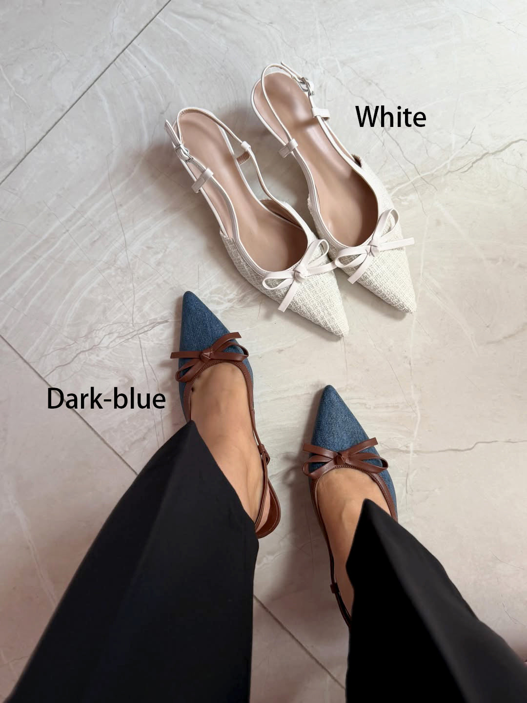 Chanel-Style Tweed Bow Slingback Heels Pointed Thin Heel Sandals