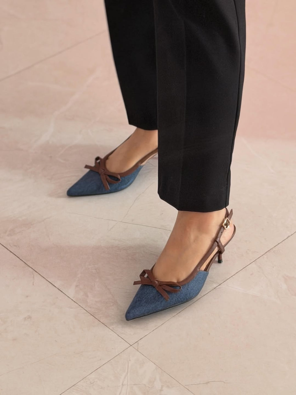 Chanel-Style Tweed Bow Slingback Heels Pointed Thin Heel Sandals