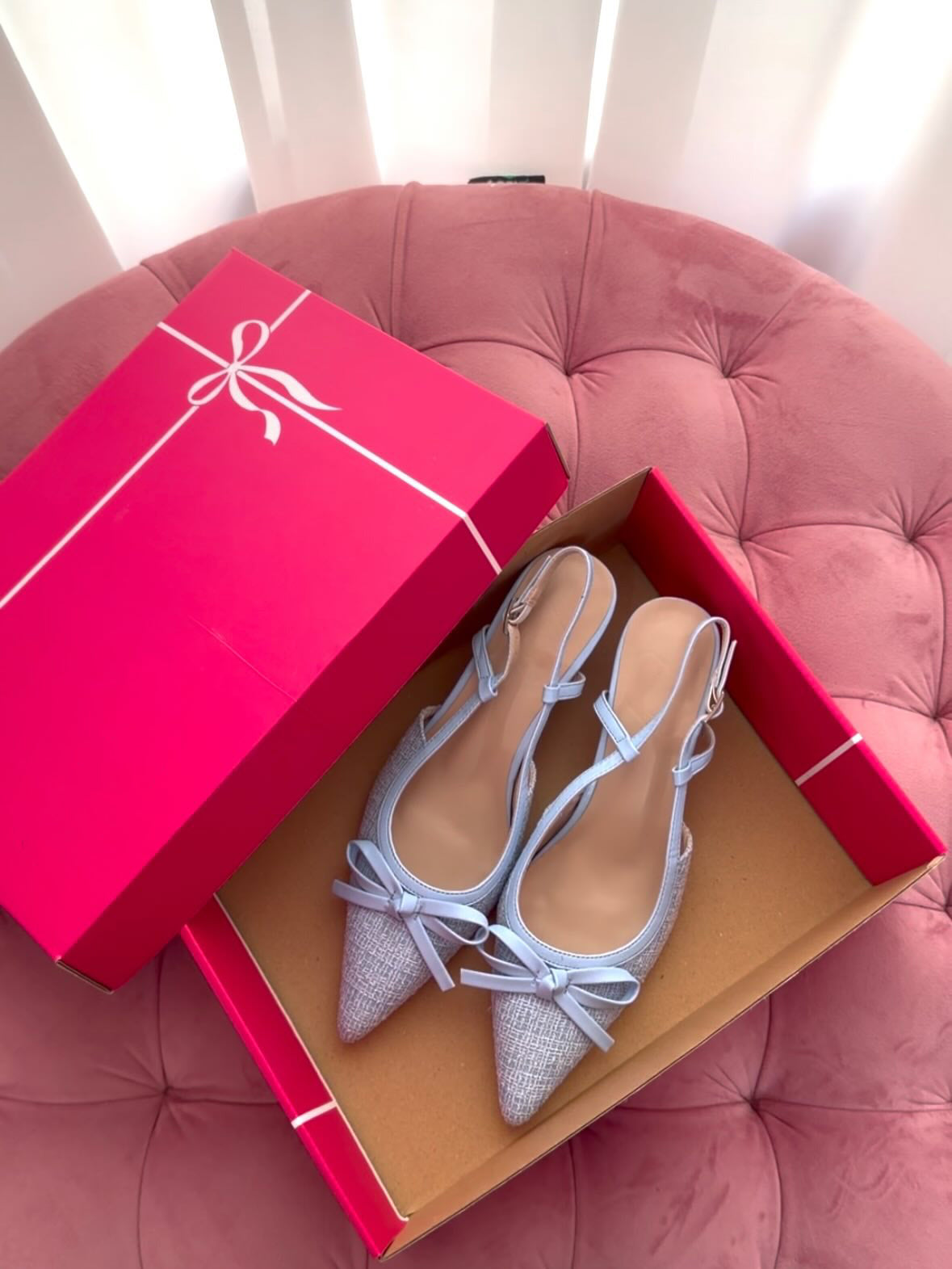 Chanel-Style Tweed Bow Slingback Heels Pointed Thin Heel Sandals