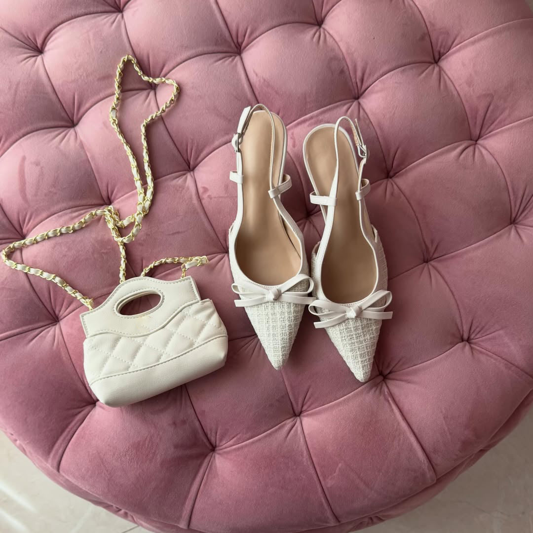 Chanel-Style Tweed Bow Slingback Heels Pointed Thin Heel Sandals