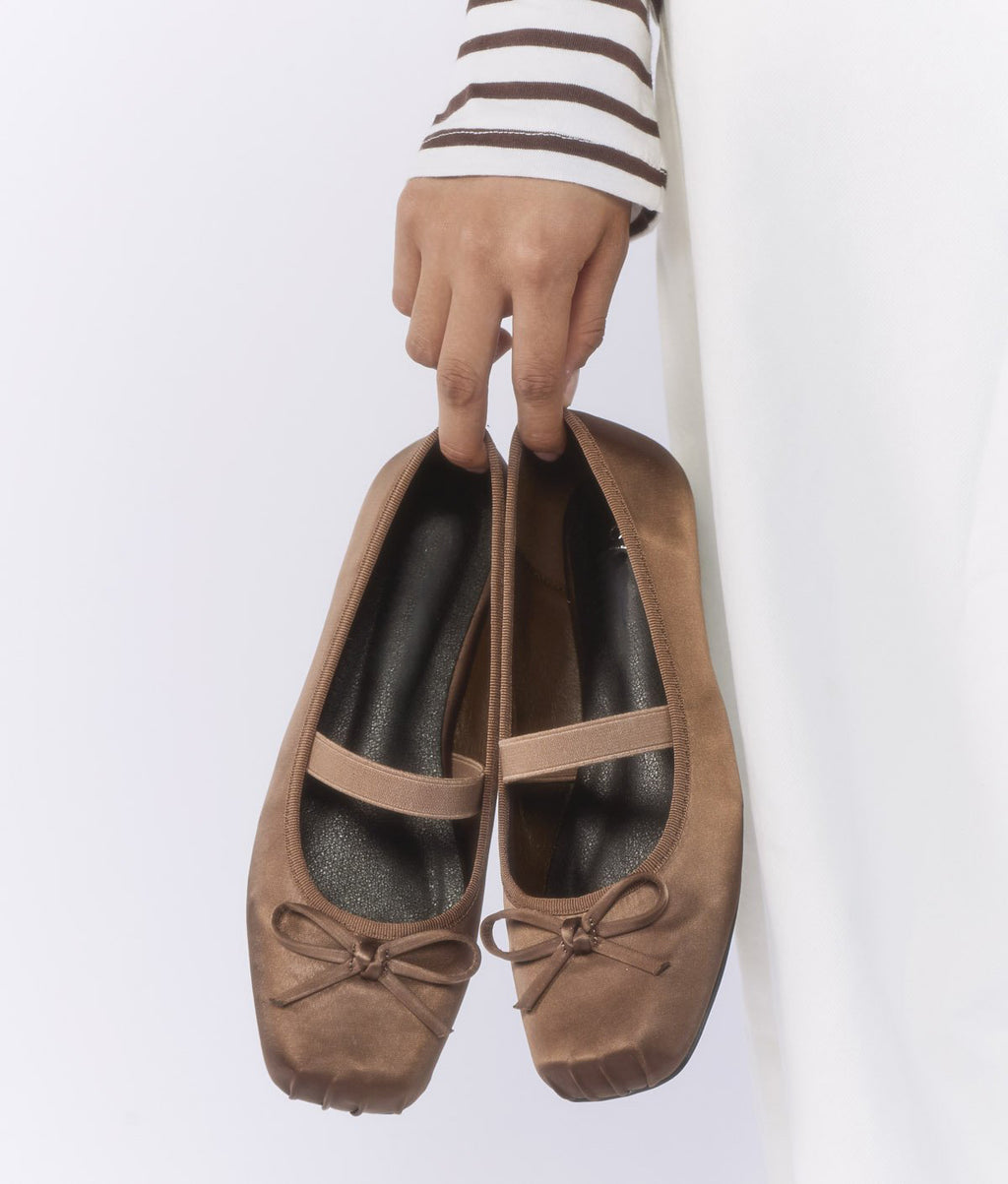 Satin Ruched Square-Toe Bow Single Strap Mary Jane Ballet Flats