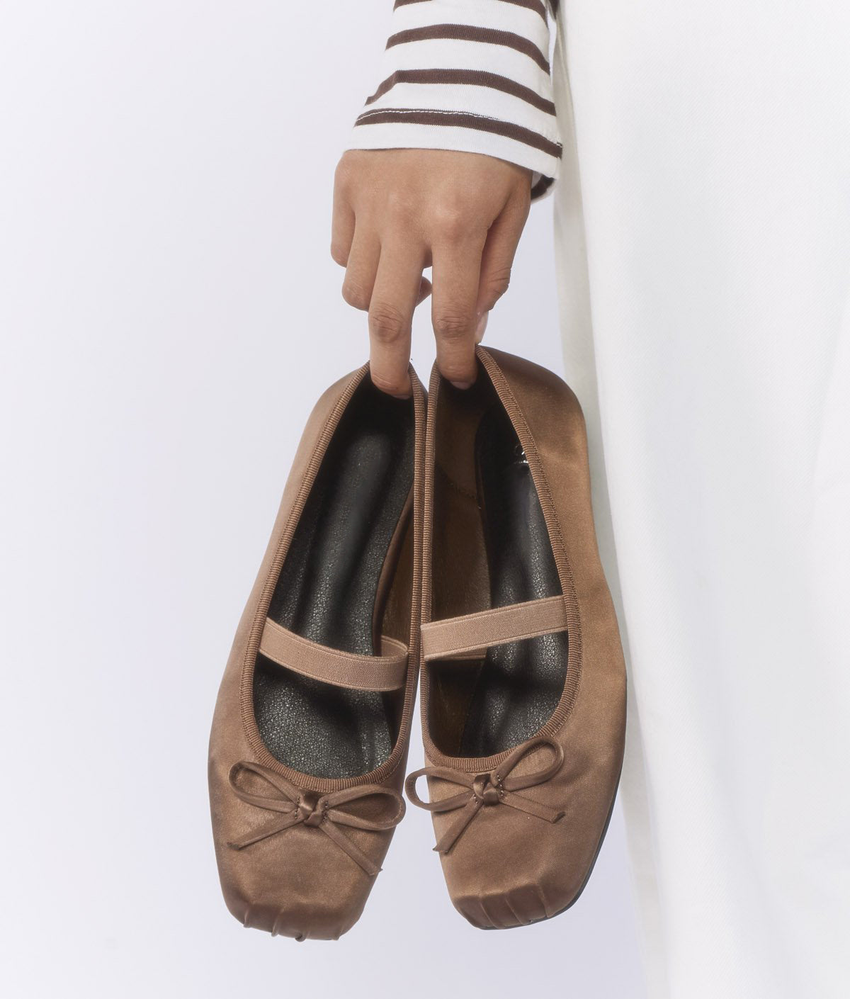Satin Ruched Square-Toe Bow Single Strap Mary Jane Ballet Flats