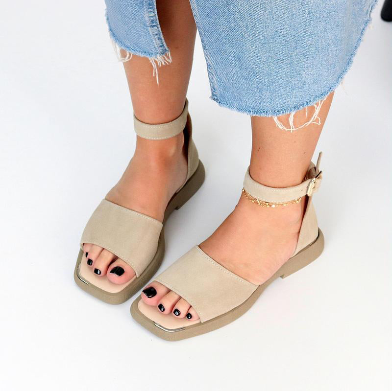 Beige Suede Ankle Strap Low Wedge Sandals