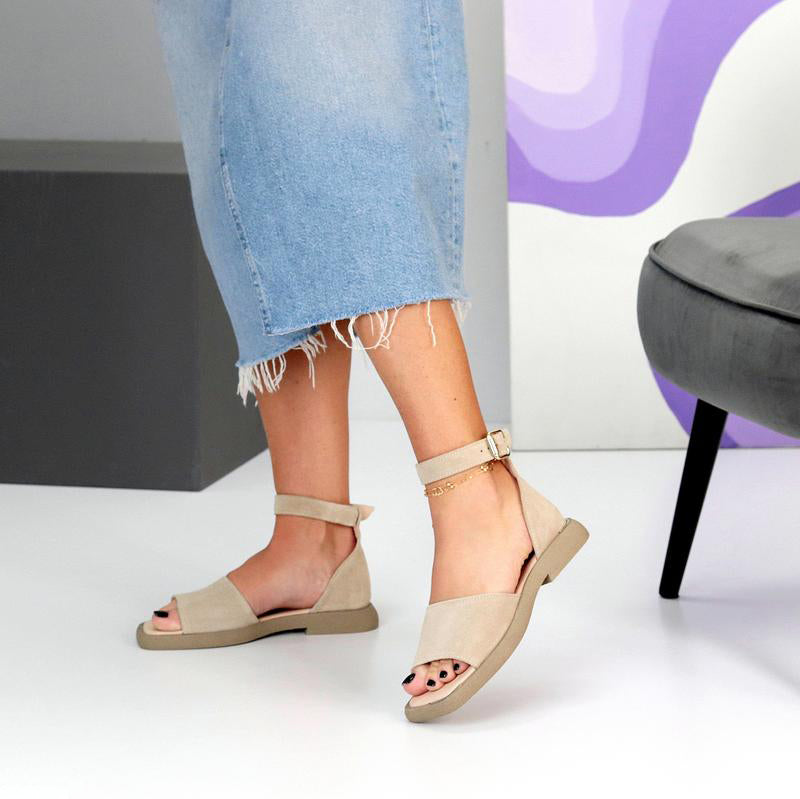 Beige Suede Ankle Strap Low Wedge Sandals