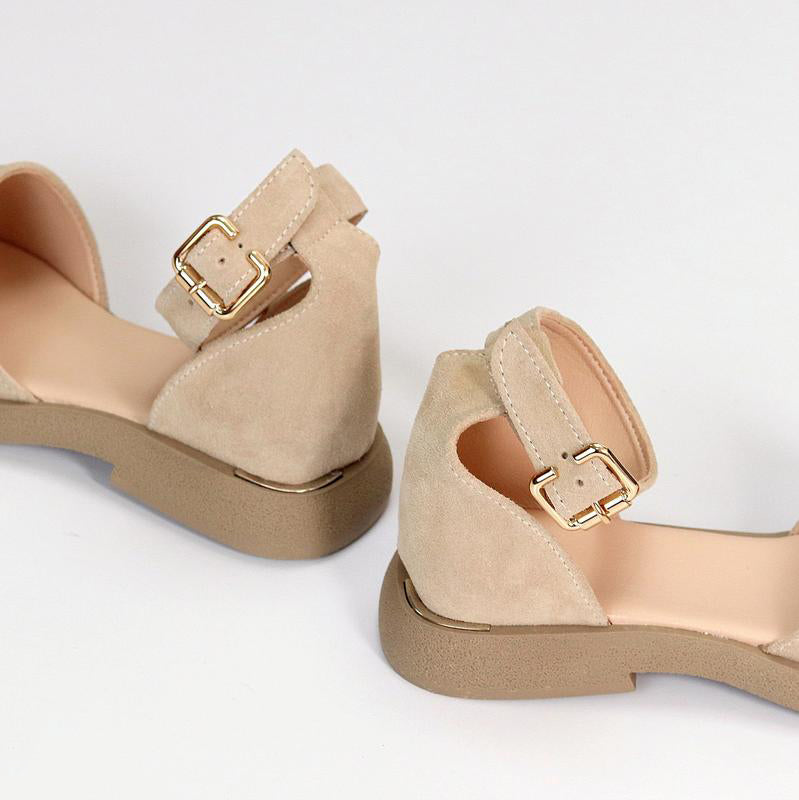 Beige Suede Ankle Strap Low Wedge Sandals