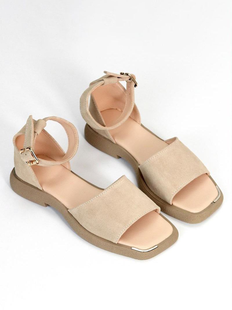 Beige Suede Ankle Strap Low Wedge Sandals