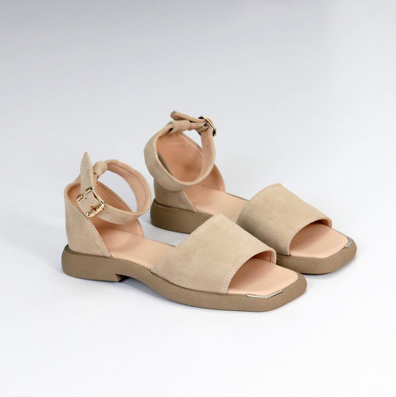 Beige Suede Ankle Strap Low Wedge Sandals