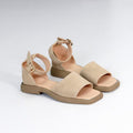 Beige Suede Ankle Strap Low Wedge Sandals