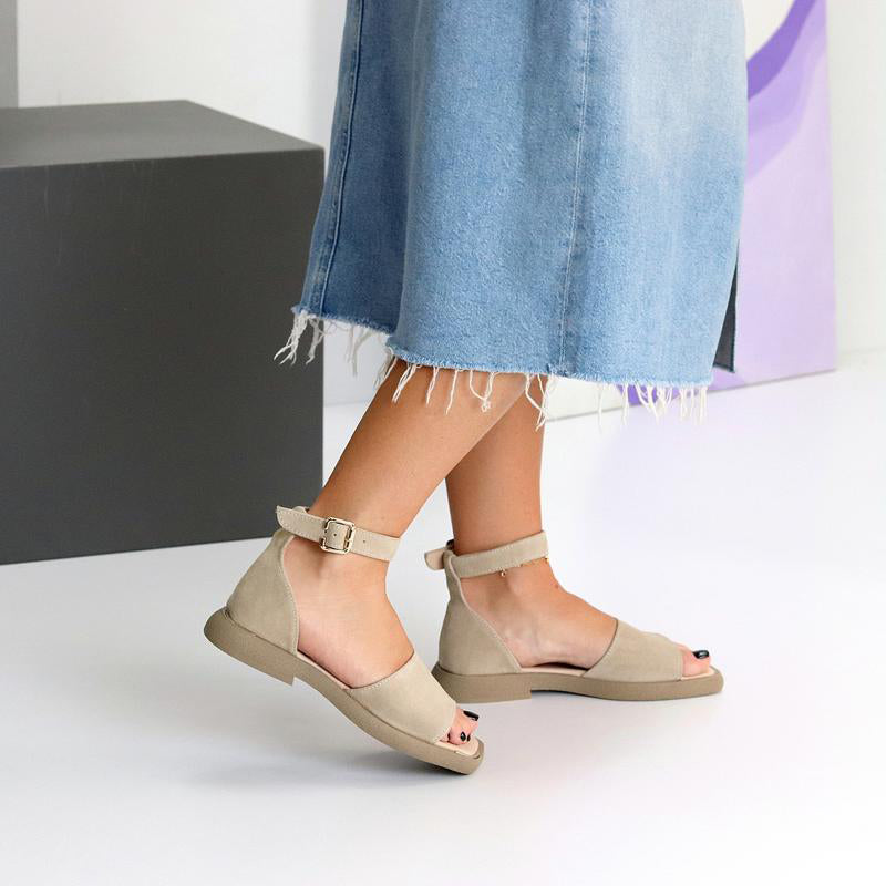 Beige Suede Ankle Strap Low Wedge Sandals