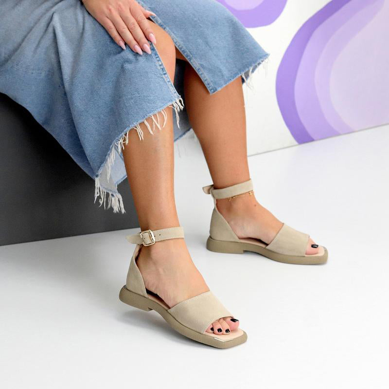 Beige Suede Ankle Strap Low Wedge Sandals