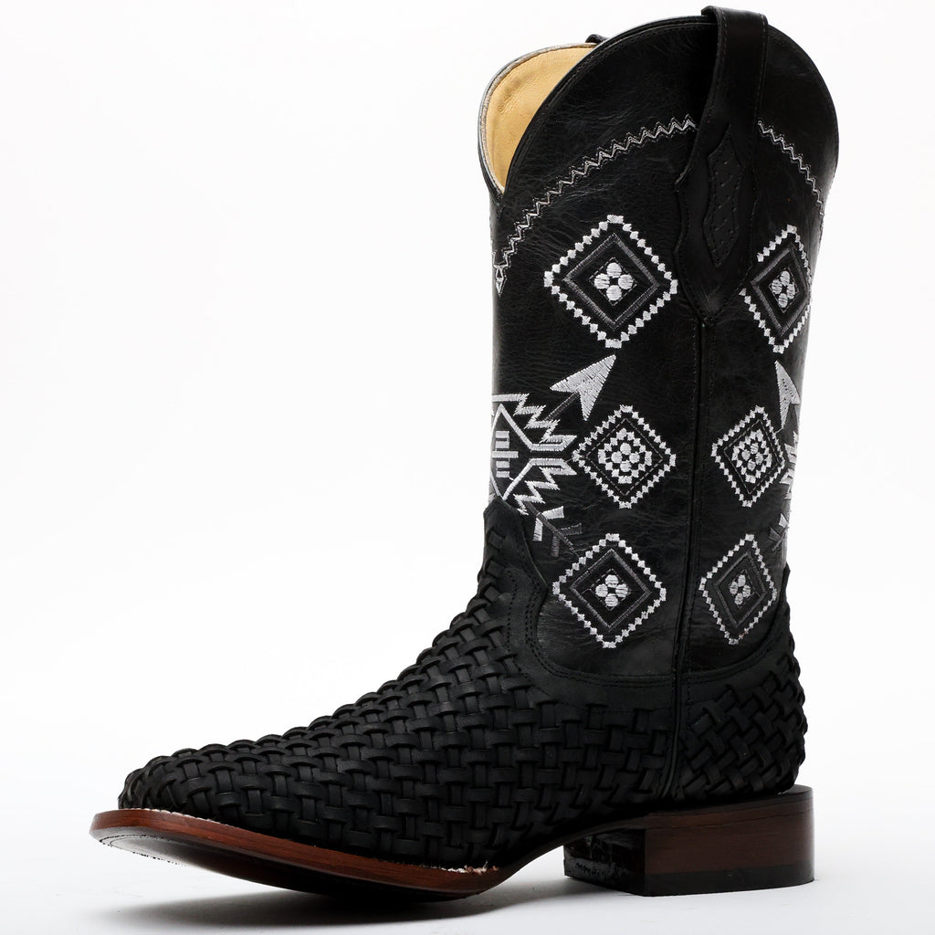 Black Basketweave Leather Boots