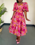 Elegant Floral Print Puff Sleeve Swing Dress