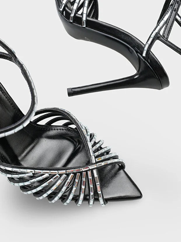 Fan-Shaped Cutout Rhinestone Pointed Toe Stiletto Ankle Strap Heels