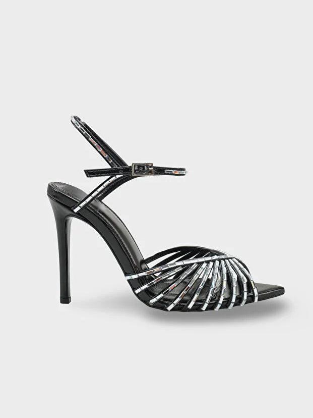 Fan-Shaped Cutout Rhinestone Pointed Toe Stiletto Ankle Strap Heels