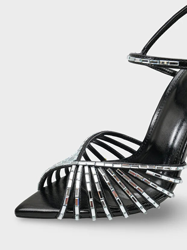 Fan-Shaped Cutout Rhinestone Pointed Toe Stiletto Ankle Strap Heels