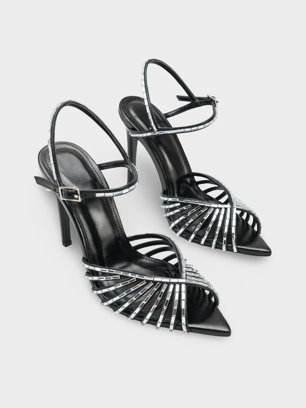 Fan-Shaped Cutout Rhinestone Pointed Toe Stiletto Ankle Strap Heels