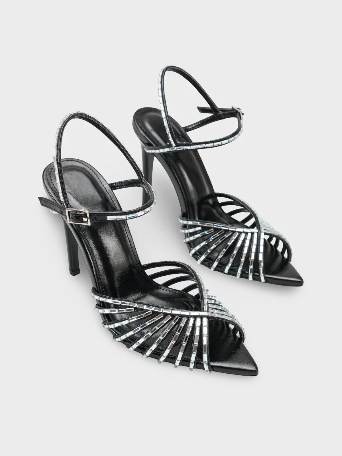 Fan-Shaped Cutout Rhinestone Pointed Toe Stiletto Ankle Strap Heels
