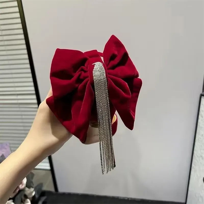Ladies' Red Velvet Bow & Rhinestone Tassel Stiletto Heels