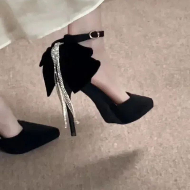 Ladies' Red Velvet Bow & Rhinestone Tassel Stiletto Heels