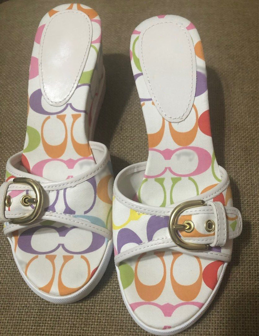 Vintage Multicolor Logo Print Wedge Mules