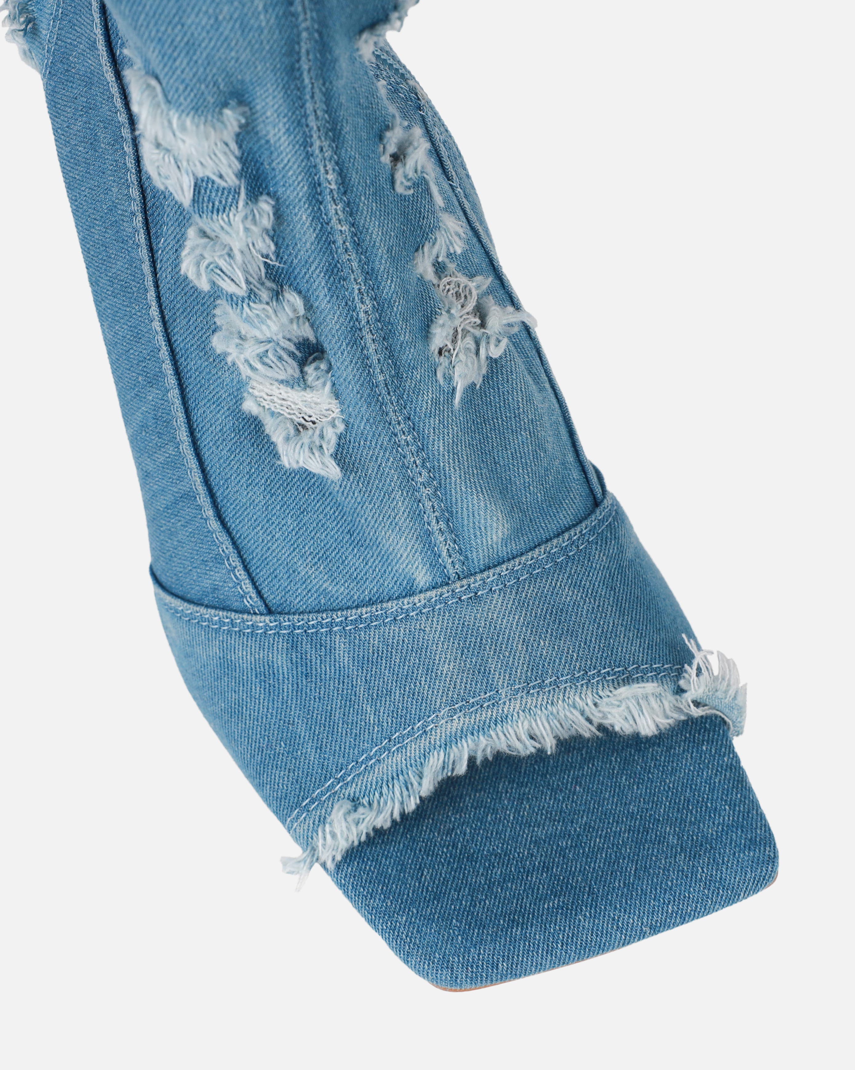 Frayed Edge Open-Toe Denim Ankle Boots
