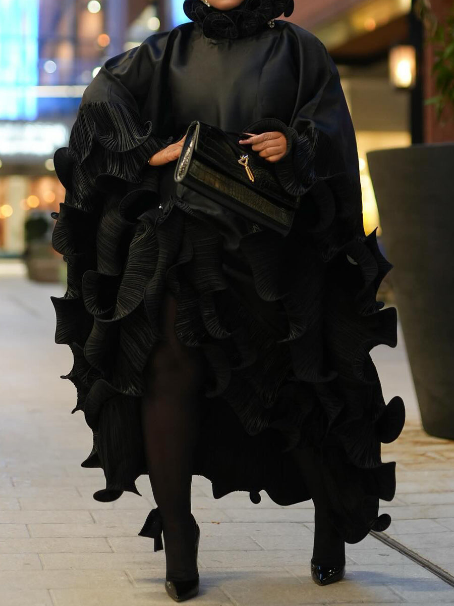 Spiral-hem Pleated Frills Loose Maxi Dress