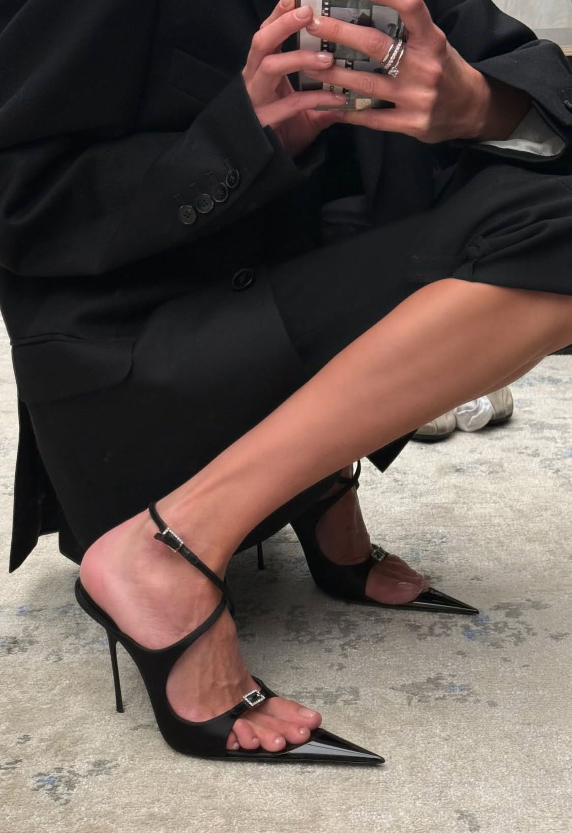 Ladies' Black Satin Crystal-Embellished Pointed-Toe Heels