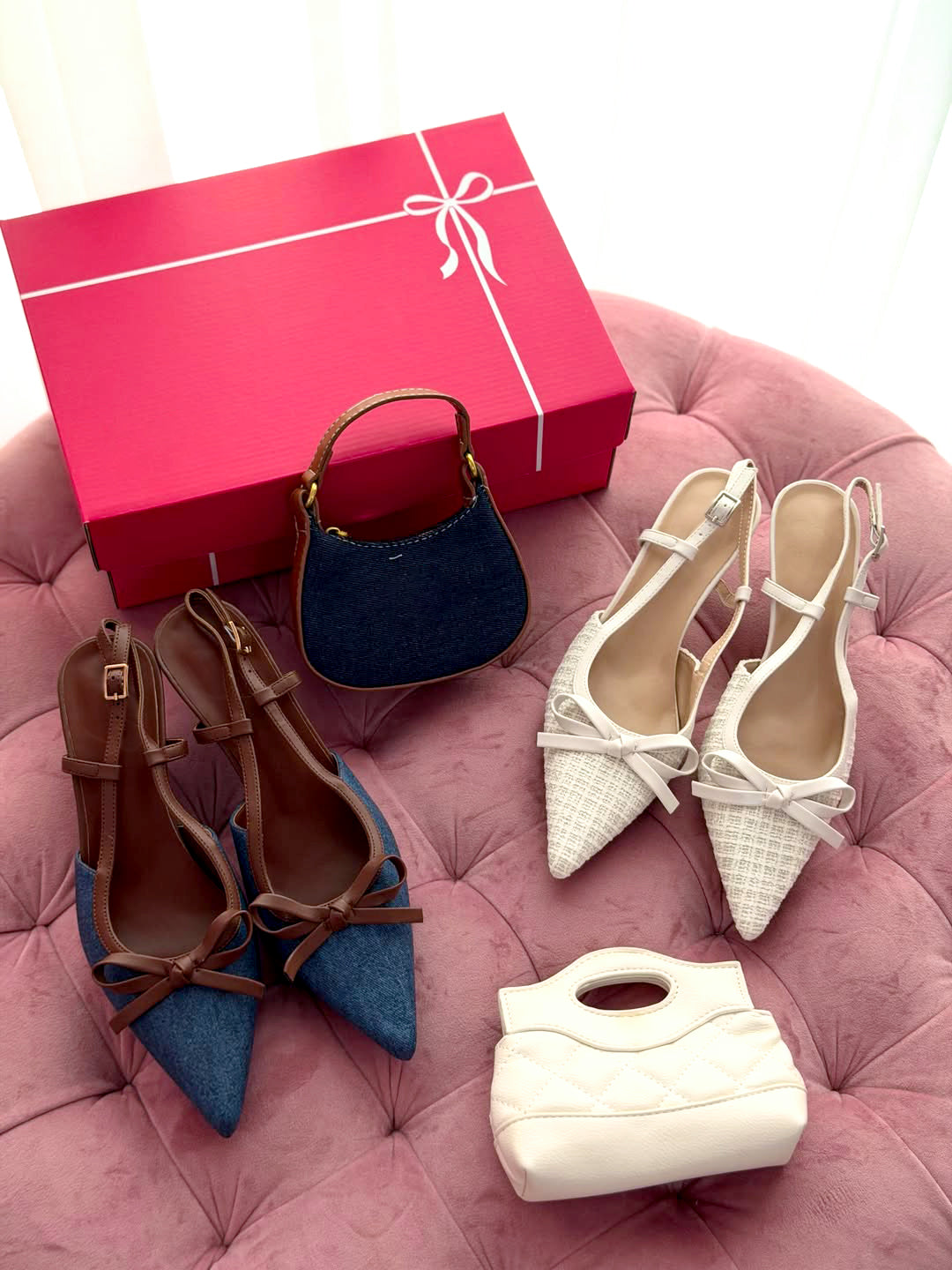 Chanel-Style Tweed Bow Slingback Heels Pointed Thin Heel Sandals