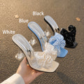 Rhinestone Satin Big Bow Clear Crystal Heel Square Toe Mule Sandals