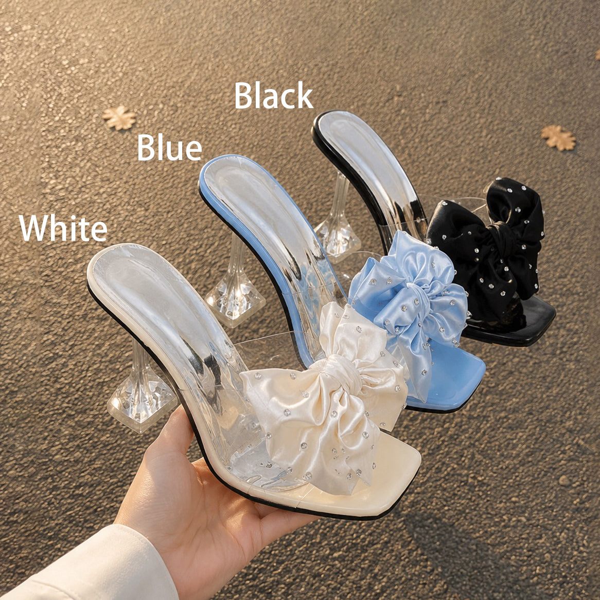 Rhinestone Satin Big Bow Clear Crystal Heel Square Toe Mule Sandals