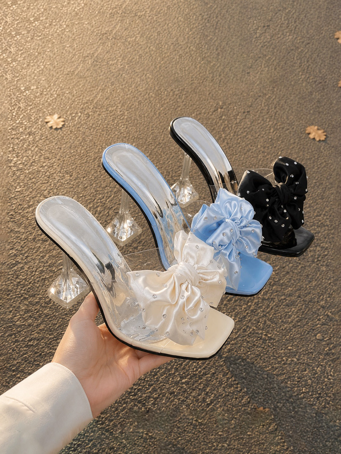 Rhinestone Satin Big Bow Clear Crystal Heel Square Toe Mule Sandals