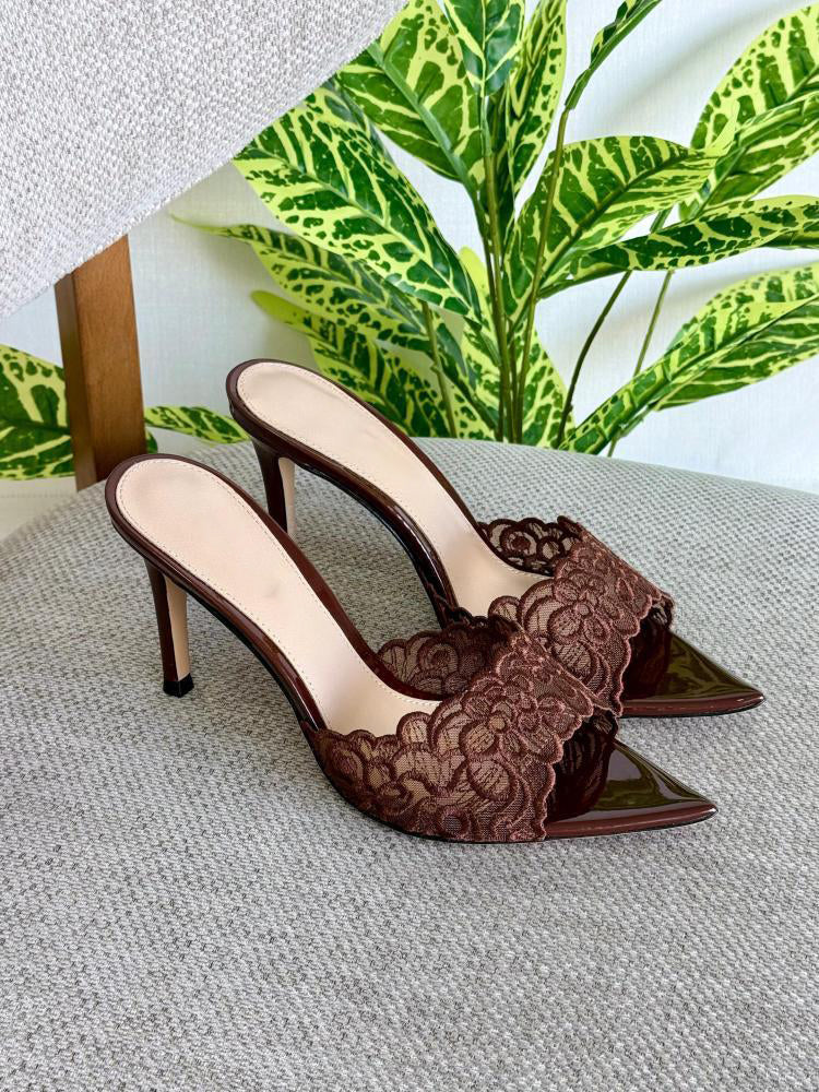 Ladies' Lace Embellished Pointed-Toe Mule Heels