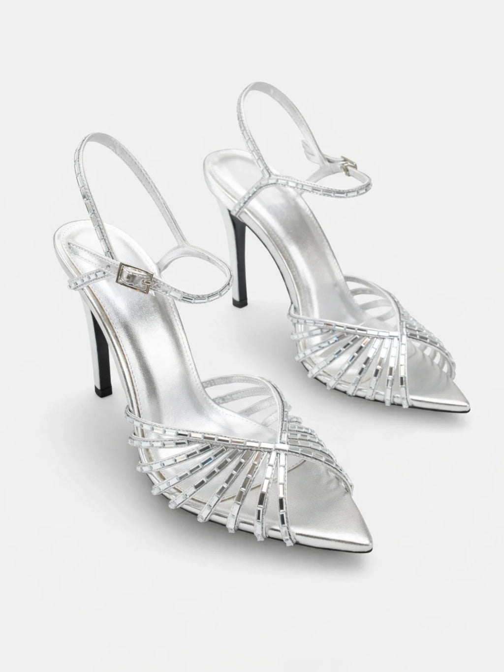 Fan-Shaped Cutout Rhinestone Pointed Toe Stiletto Ankle Strap Heels