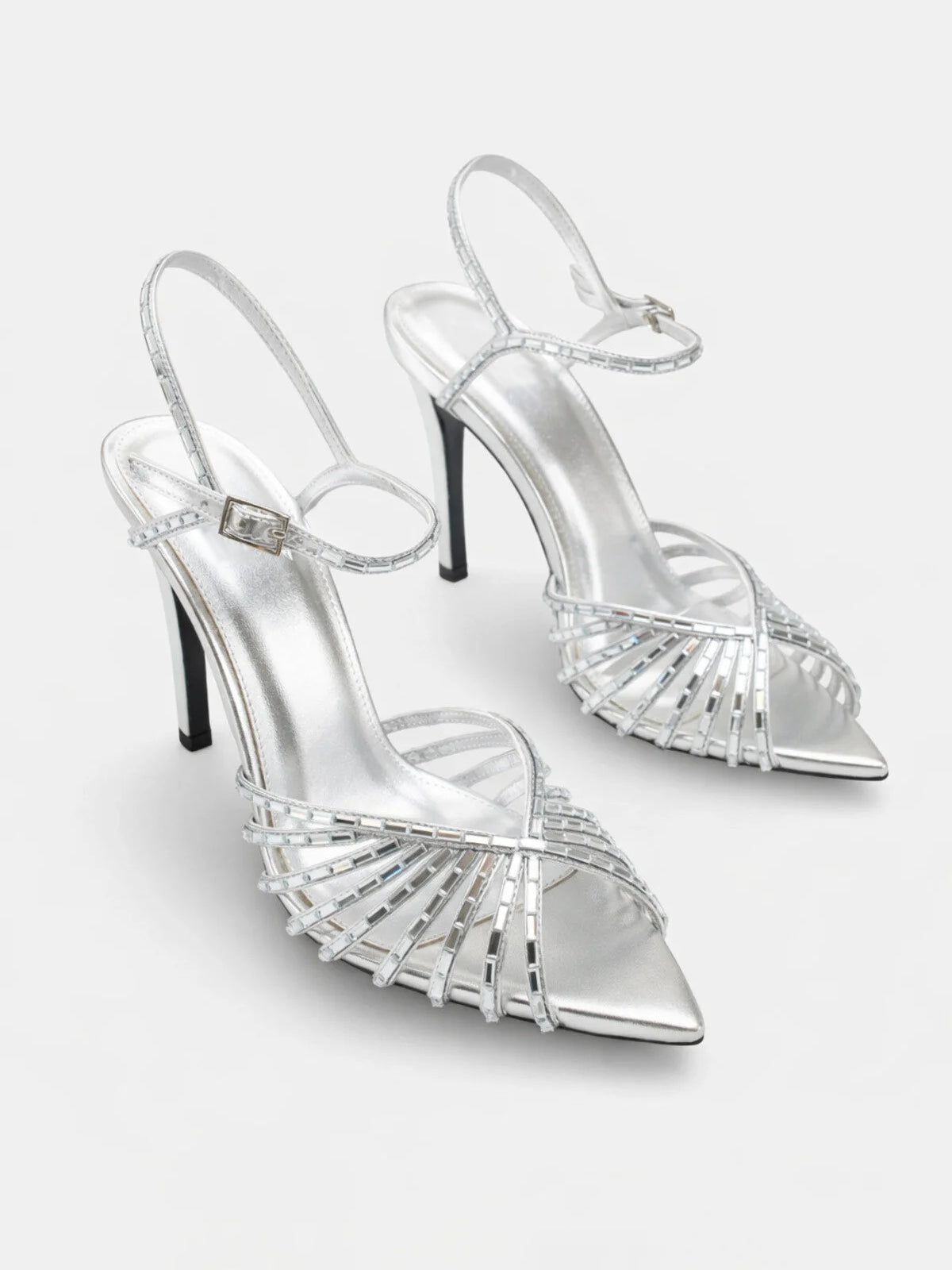 Fan-Shaped Cutout Rhinestone Pointed Toe Stiletto Ankle Strap Heels